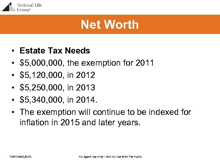 Net Worth • • • Estate Tax Needs $5, 000, the exemption for 2011