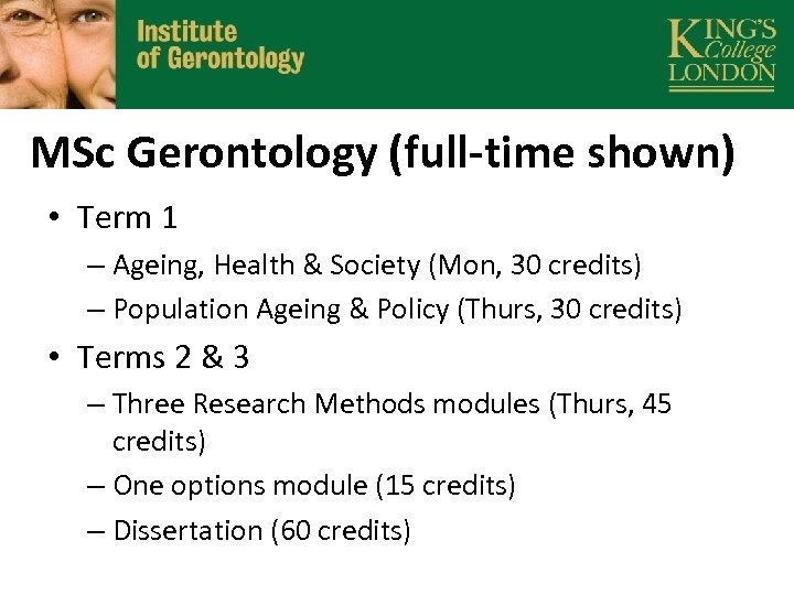 MSc Gerontology (full-time shown) • Term 1 – Ageing, Health & Society (Mon, 30