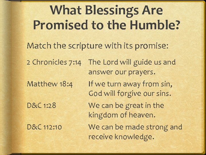 What Blessings Are Promised to the Humble? Match the scripture with its promise: 2