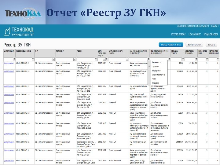 Отчет «Реестр ЗУ ГКН» 