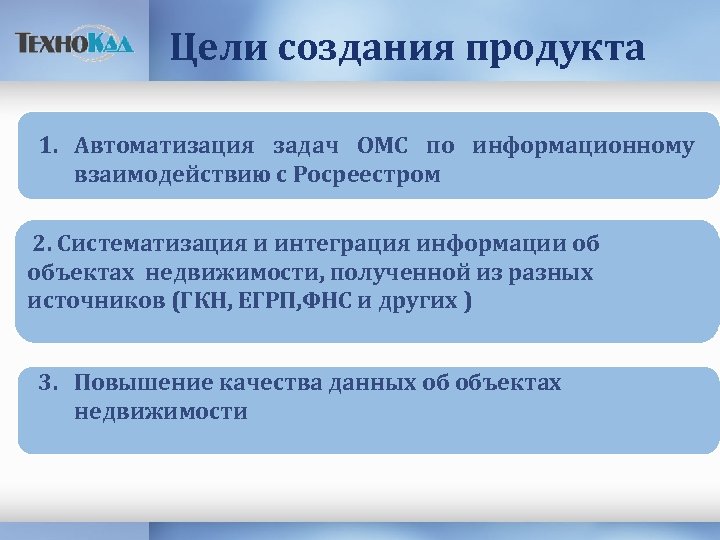 Цели создания продукта 1. Автоматизация задач ОМС по информационному взаимодействию с Росреестром 2. Систематизация