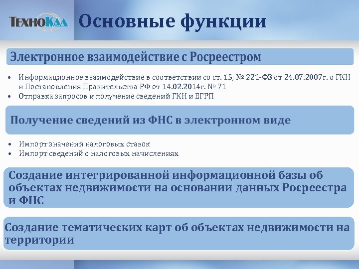 Основные функции • Информационное взаимодействие в соответствии со ст. 15, № 221 -ФЗ от
