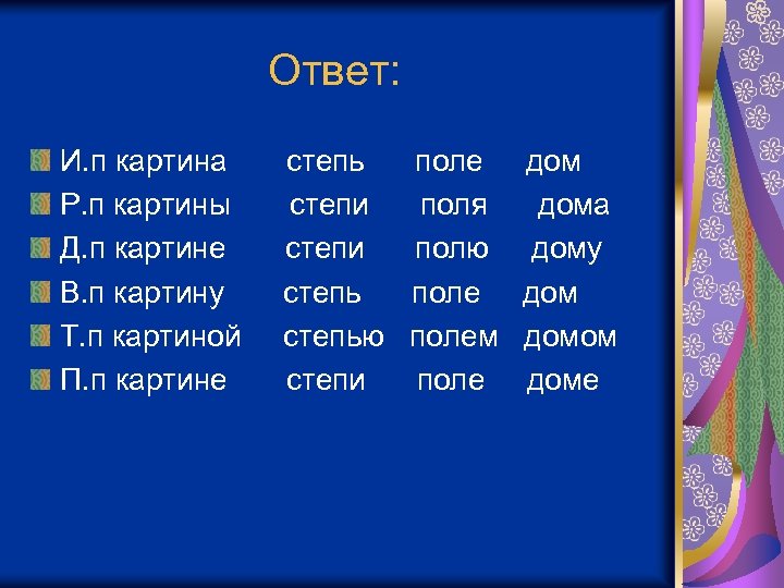 Ответ: И. п картина Р. п картины Д. п картине В. п картину Т.