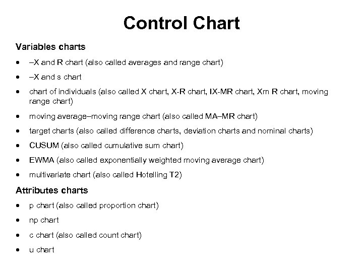Control Chart Variables charts · –X and R chart (also called averages and range