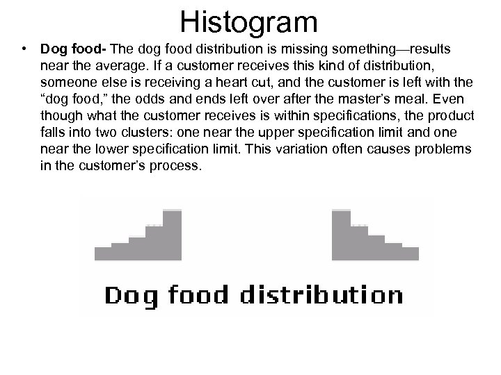 Histogram • Dog food- The dog food distribution is missing something—results near the average.