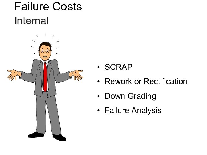 Failure Costs Internal • SCRAP • Rework or Rectification • Down Grading • Failure