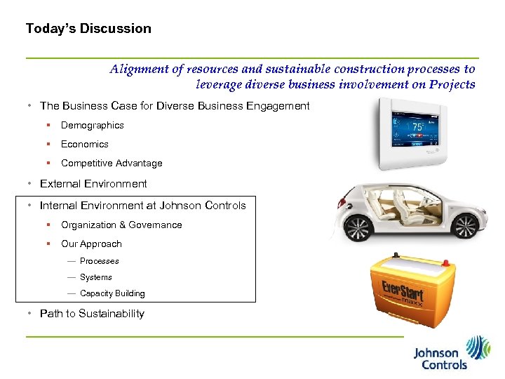 Today’s Discussion Alignment of resources and sustainable construction processes to leverage diverse business involvement