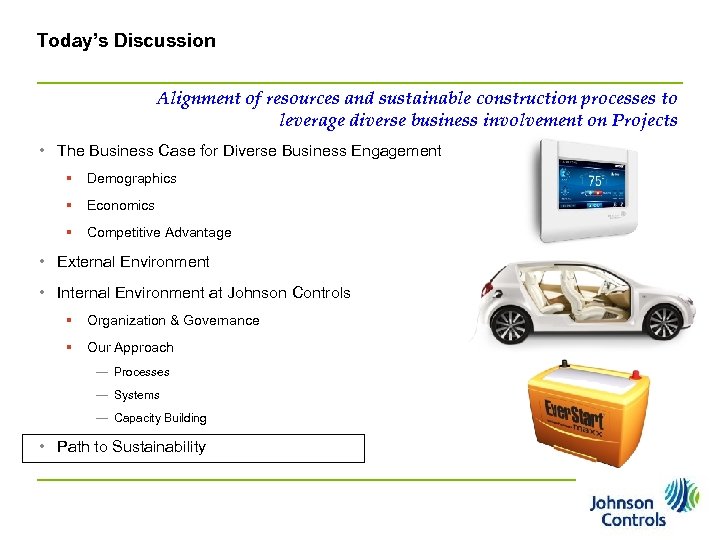 Today’s Discussion Alignment of resources and sustainable construction processes to leverage diverse business involvement