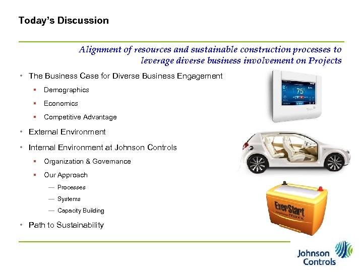 Today’s Discussion Alignment of resources and sustainable construction processes to leverage diverse business involvement