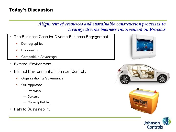 Today’s Discussion Alignment of resources and sustainable construction processes to leverage diverse business involvement