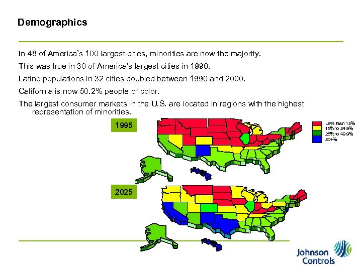 Demographics In 48 of America’s 100 largest cities, minorities are now the majority. This