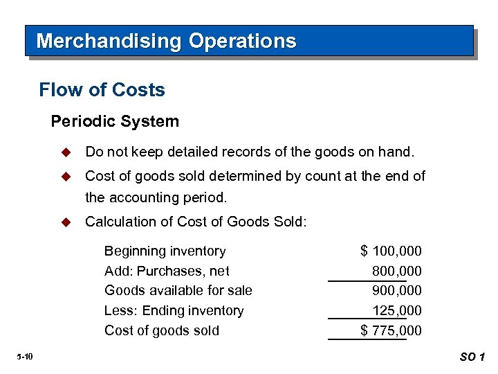 Merchandising Operations Flow of Costs Periodic System u Do not keep detailed records of