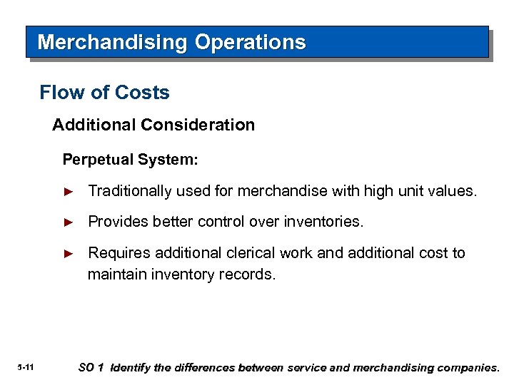Merchandising Operations Flow of Costs Additional Consideration Perpetual System: ► ► Provides better control