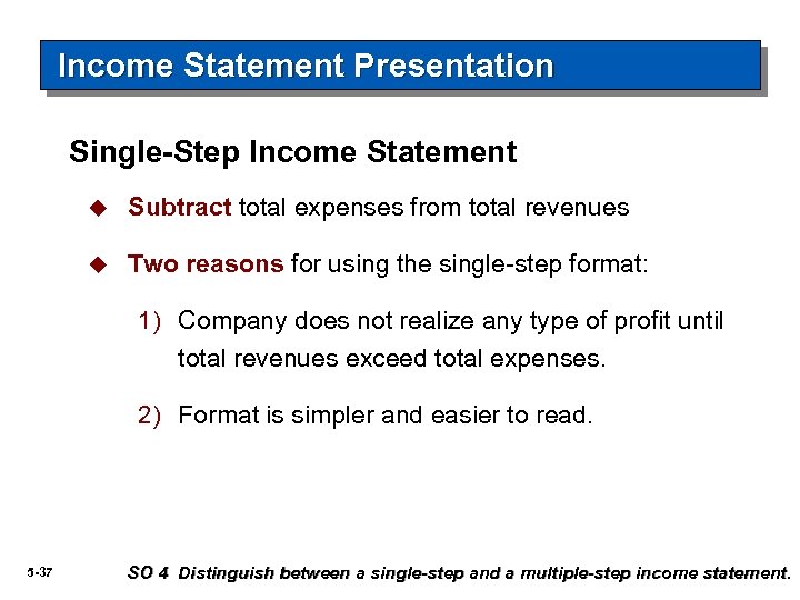 Income Statement Presentation Single-Step Income Statement u Subtract total expenses from total revenues u