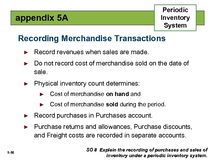 Periodic Inventory System appendix 5 A Recording Merchandise Transactions ► Record revenues when sales