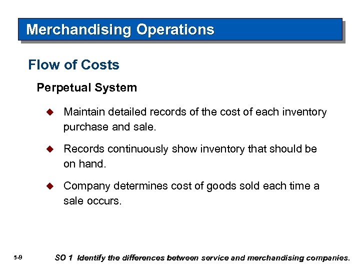 Merchandising Operations Flow of Costs Perpetual System u u Records continuously show inventory that