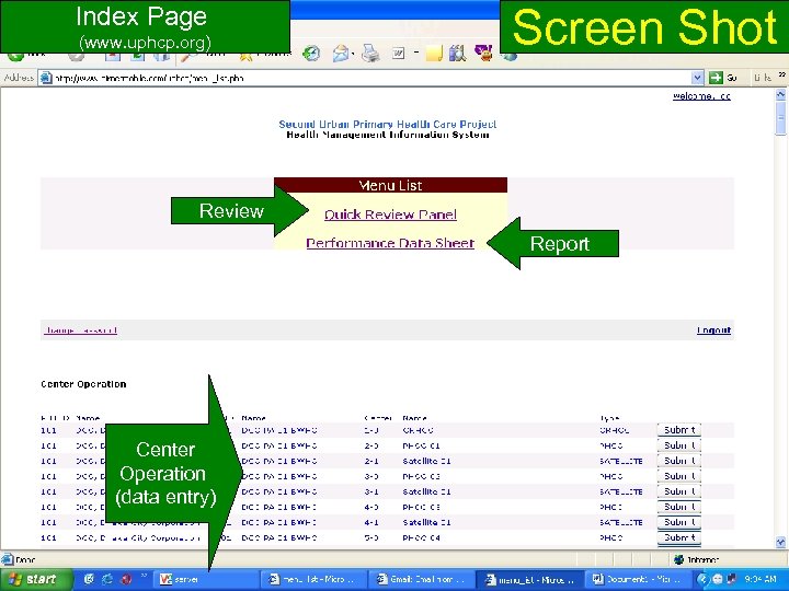 Screen Shot Index Page (www. uphcp. org) Review Report Center Operation (data entry) www.