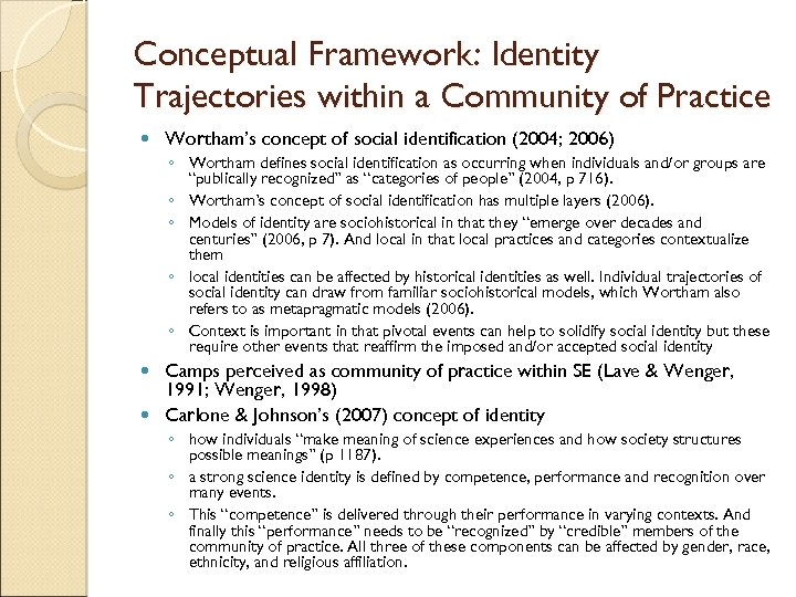 Conceptual Framework: Identity Trajectories within a Community of Practice Wortham’s concept of social identification