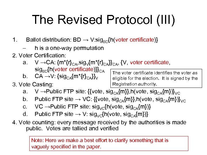 The Revised Protocol (III) 1. Ballot distribution: BD → V: sig. BD{h(voter certificate)} –