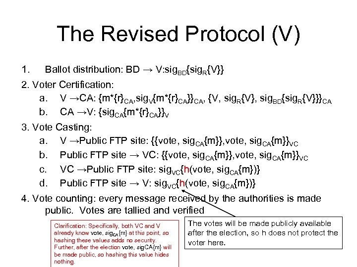 The Revised Protocol (V) 1. Ballot distribution: BD → V: sig. BD{sig. R{V}} 2.