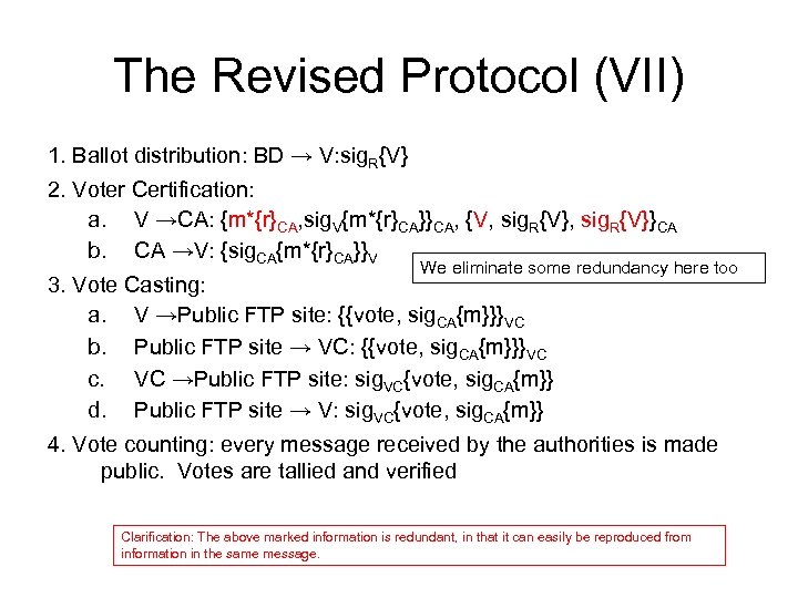 The Revised Protocol (VII) 1. Ballot distribution: BD → V: sig. R{V} 2. Voter