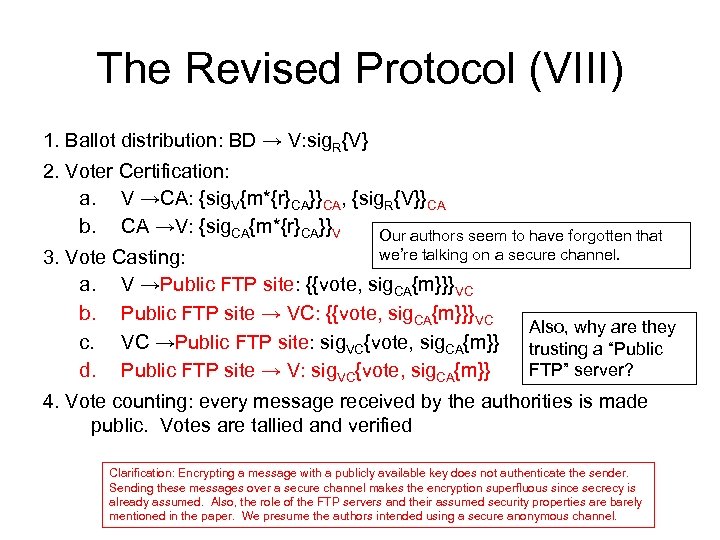 The Revised Protocol (VIII) 1. Ballot distribution: BD → V: sig. R{V} 2. Voter