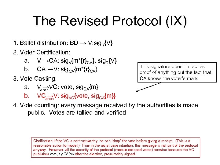 The Revised Protocol (IX) 1. Ballot distribution: BD → V: sig. R{V} 2. Voter