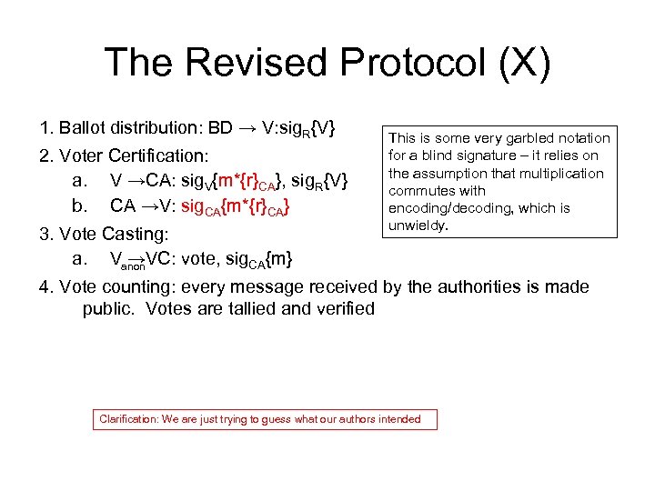 The Revised Protocol (X) 1. Ballot distribution: BD → V: sig. R{V} 2. Voter