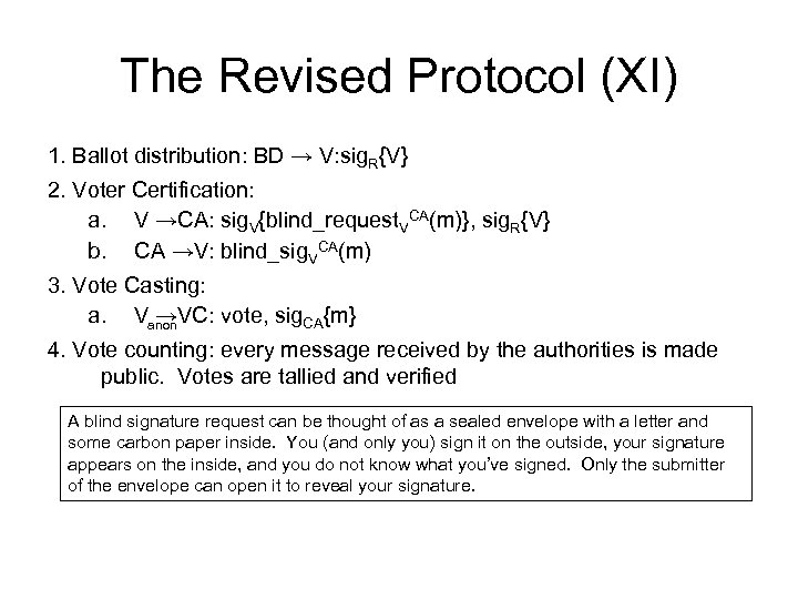 The Revised Protocol (XI) 1. Ballot distribution: BD → V: sig. R{V} 2. Voter