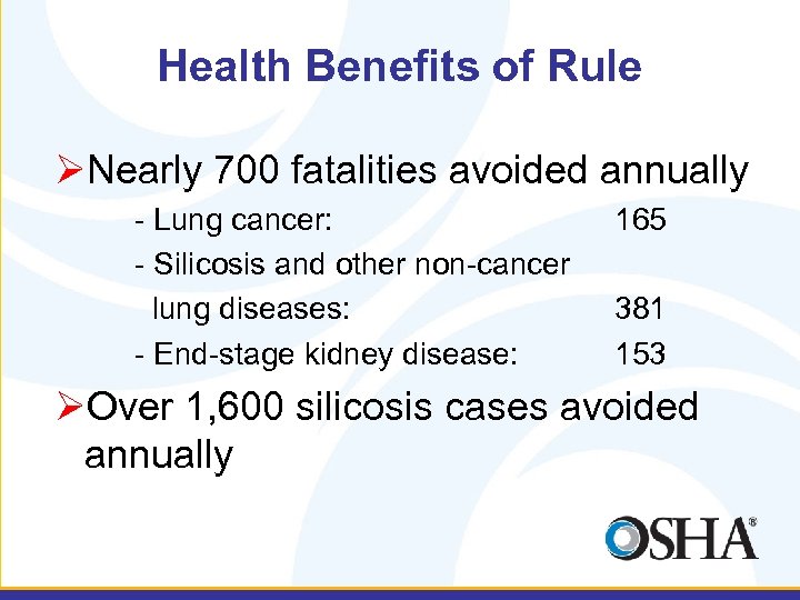 Health Benefits of Rule ØNearly 700 fatalities avoided annually - Lung cancer: - Silicosis