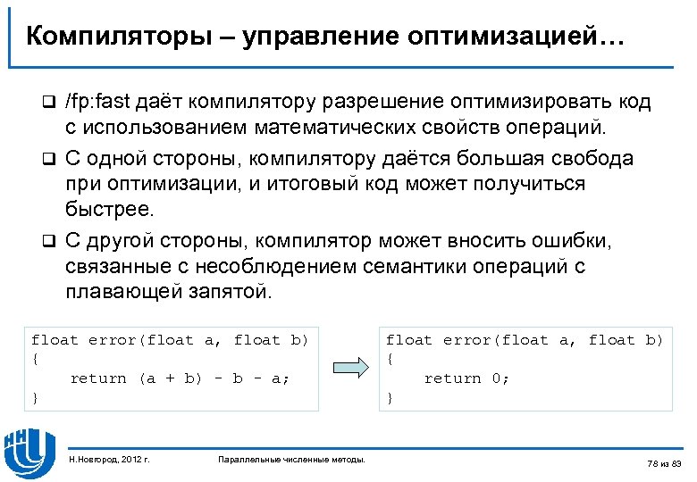 Компиляторы – управление оптимизацией… /fp: fast даёт компилятору разрешение оптимизировать код с использованием математических