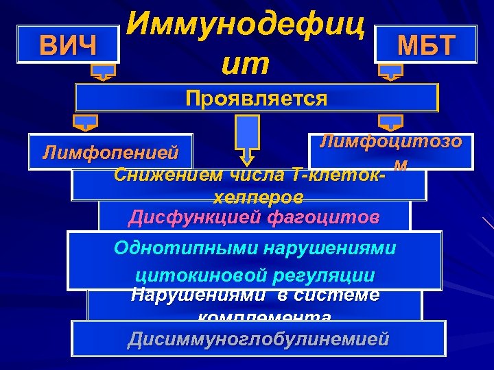 Иммунодефиц ВИЧ МБТ ит Проявляется Лимфоцитозо Лимфопенией м Снижением числа Т-клетокхелперов Дисфункцией фагоцитов Однотипными