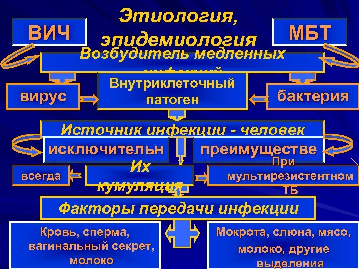 ВИЧ Этиология, эпидемиология МБТ Возбудитель медленных инфекций Внутриклеточный вирус бактерия патоген Источник инфекции -