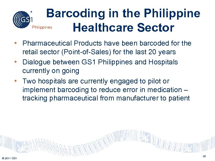 Barcoding in the Philippine Healthcare Sector Philippines • Pharmaceutical Products have been barcoded for