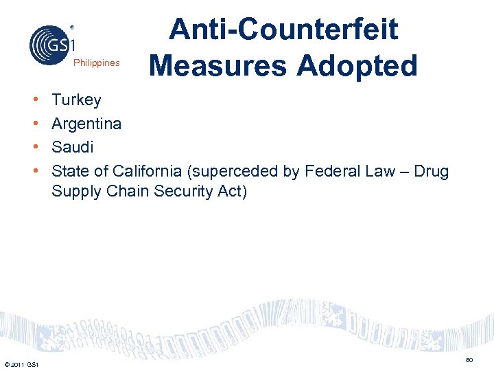 Philippines • • © 2011 GS 1 Anti-Counterfeit Measures Adopted Turkey Argentina Saudi State