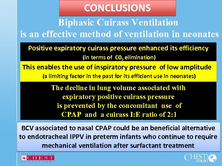 CONCLUSIONS Biphasic Cuirass Ventilation is an effective method of ventilation in neonates Positive expiratory