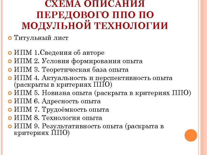 СХЕМА ОПИСАНИЯ ПЕРЕДОВОГО ППО ПО МОДУЛЬНОЙ ТЕХНОЛОГИИ Титульный лист ИПМ 1. Сведения об авторе