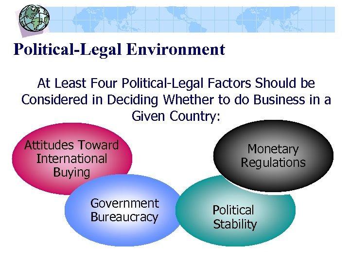 Political-Legal Environment At Least Four Political-Legal Factors Should be Considered in Deciding Whether to