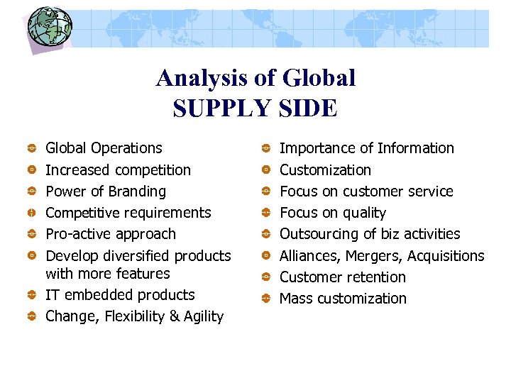 Analysis of Global SUPPLY SIDE Global Operations Increased competition Power of Branding Competitive requirements