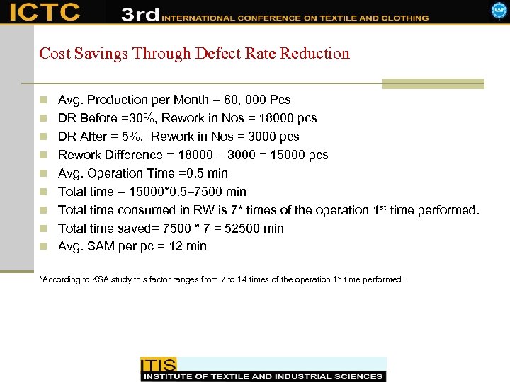 Cost Savings Through Defect Rate Reduction n Avg. Production per Month = 60, 000