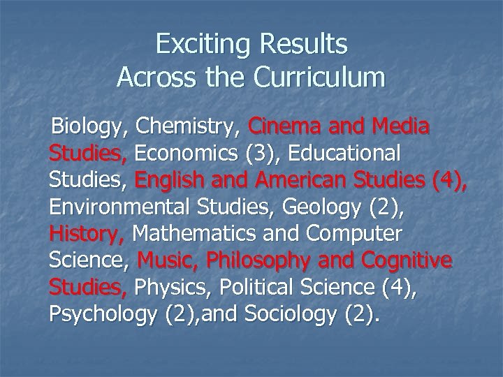 Exciting Results Across the Curriculum Biology, Chemistry, Cinema and Media Studies, Economics (3), Educational
