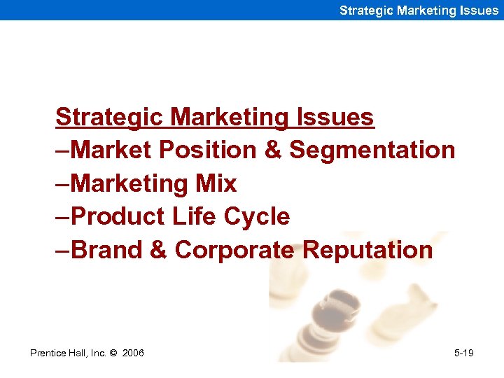 Strategic Marketing Issues –Market Position & Segmentation –Marketing Mix –Product Life Cycle –Brand &