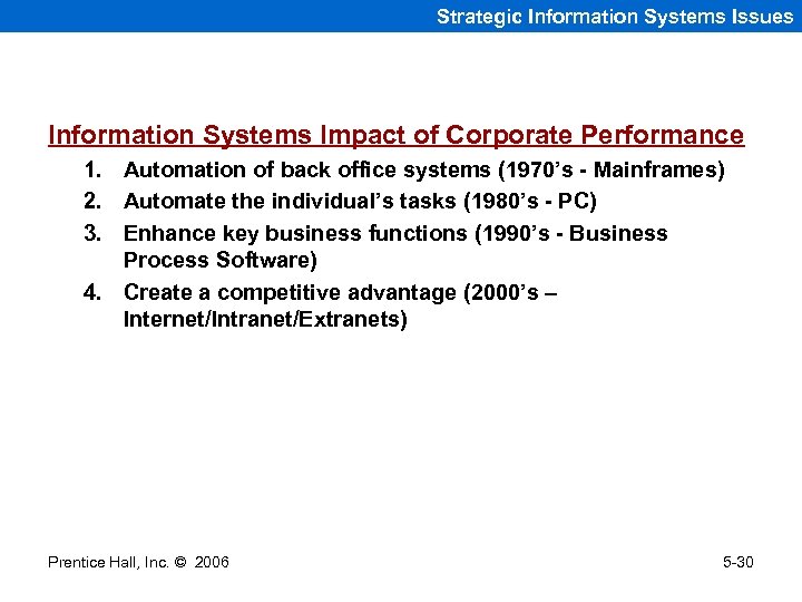 Strategic Information Systems Issues Information Systems Impact of Corporate Performance 1. Automation of back