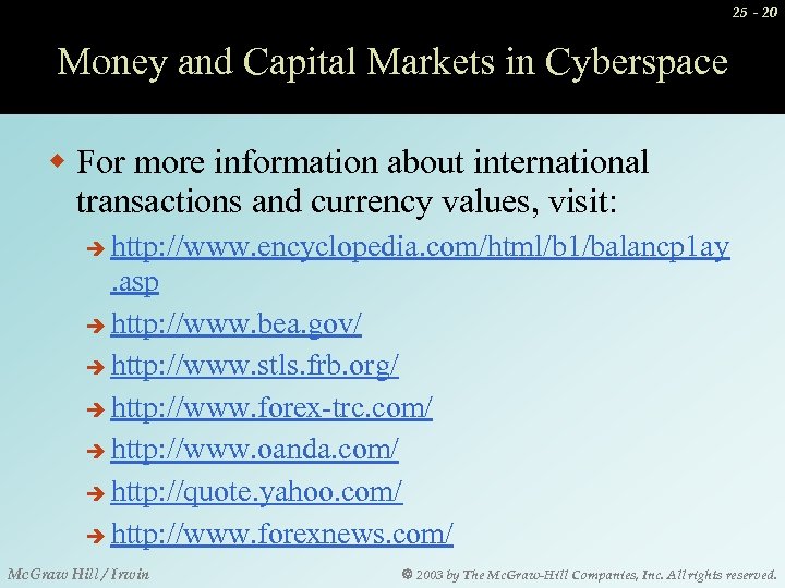 25 - 20 Money and Capital Markets in Cyberspace w For more information about