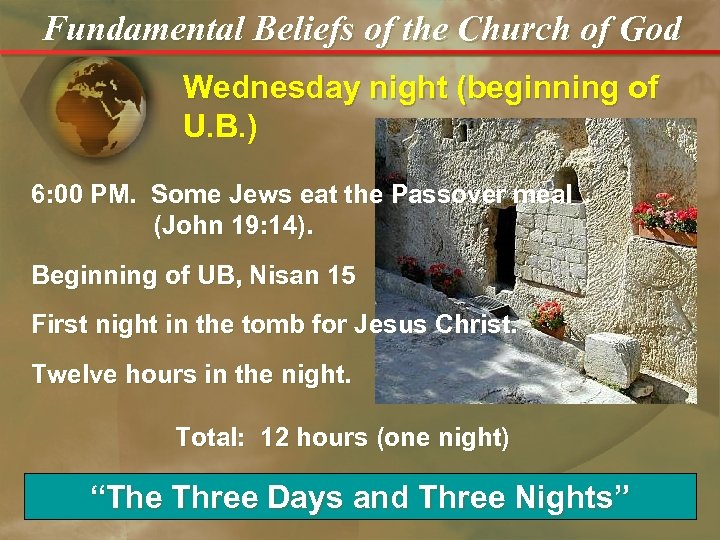 Fundamental Beliefs of the Church of God Wednesday night (beginning of U. B. )