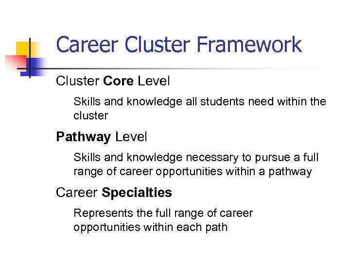 Career Cluster Framework Cluster Core Level Skills and knowledge all students need within the