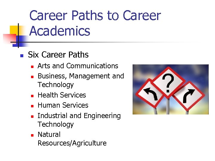 Career Paths to Career Academics n Six Career Paths n n n Arts and