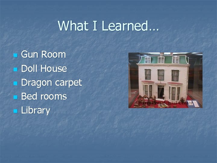 What I Learned… n n n Gun Room Doll House Dragon carpet Bed rooms