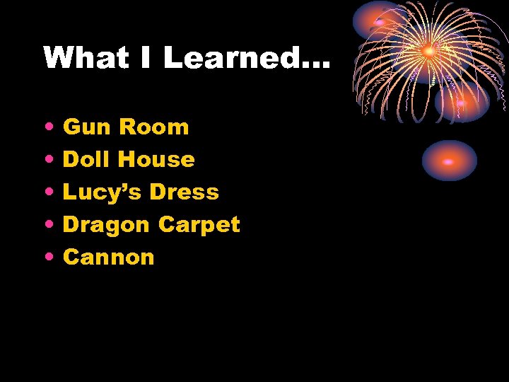 What I Learned… • • • Gun Room Doll House Lucy’s Dress Dragon Carpet