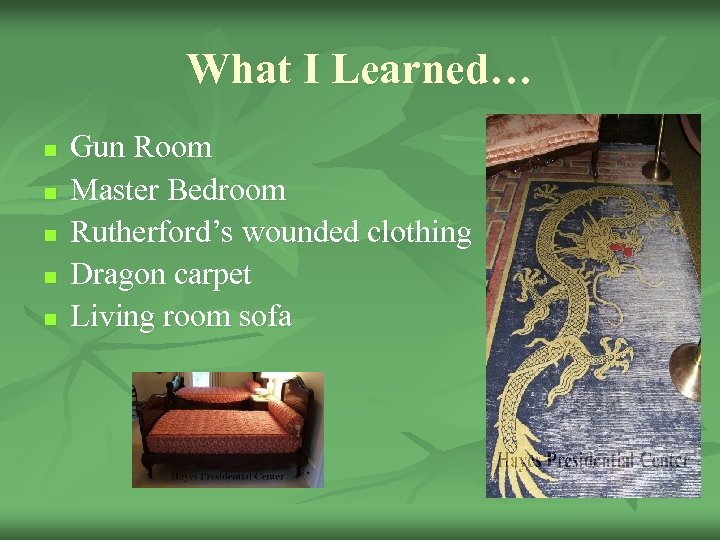 What I Learned… n n n Gun Room Master Bedroom Rutherford’s wounded clothing Dragon